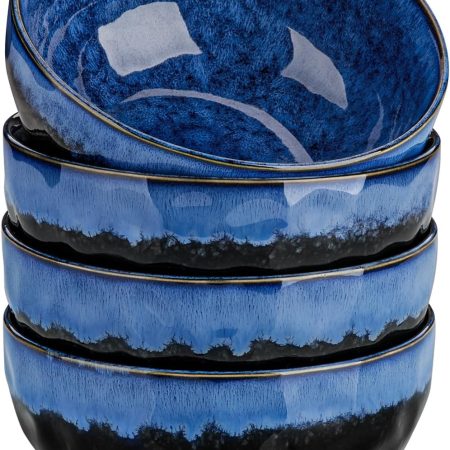 24oz Bowls for Soup, Ceramic Soup Bowls Set of 4, Blue Cereal Bowls Set for Kitchen, Salad Bowls Set, Pasta Oatmeal Bowls, Lead-free, Dishwasher & Microwave Oven Safe, Blue