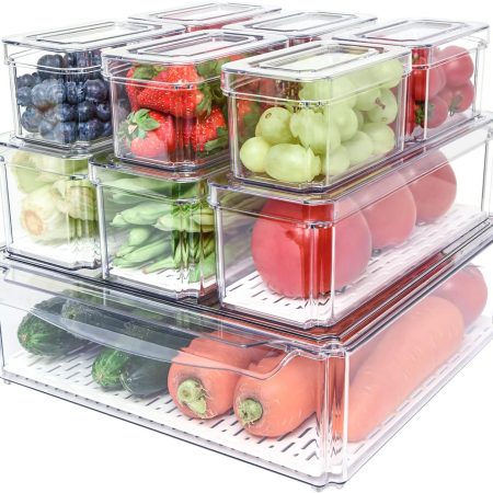 10 Pack Fridge Organizer, Stackable Refrigerator Bins with Lids, BPA-Free Produce Fruit Storage Containers for Fridge, Clear for Food, Drinks, Vegetable