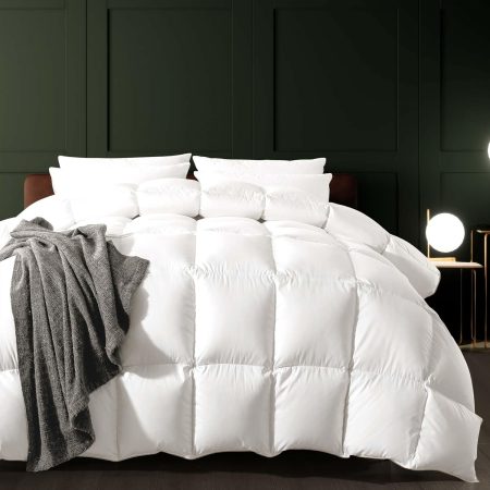 Feather Down Fiber Comforter Queen Size, 100% Cotton Duvet Insert for All Season, Hotel Collection, 8 Corner Loops, 90x90In, Gold Piping