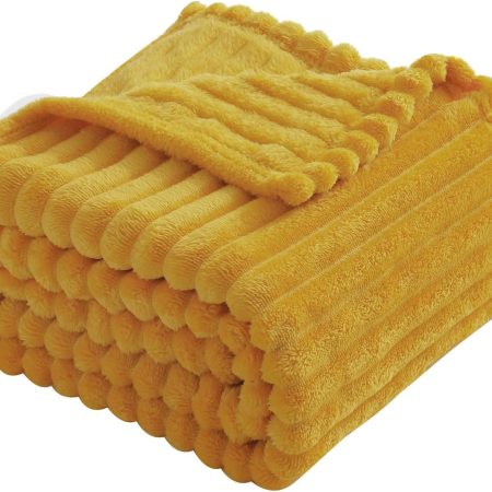 Mustard Yellow Fleece Throw Blanket 50????60?? for Couch Sofa Bed,Super Soft Cozy Plush Microfiber Flannel Blanket with Stripes Design Lightweight for Adults,Woman,Girls