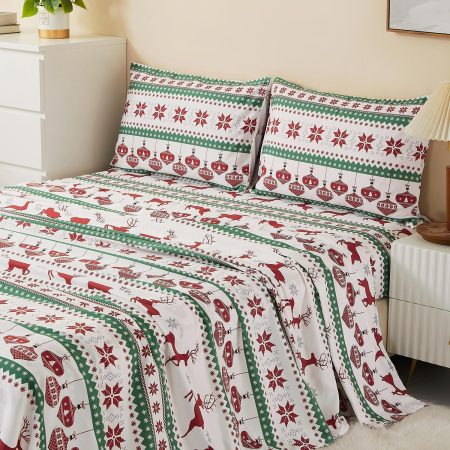 Soft Microfiber Christmas Sheets, Reindeer Pattern Holidays Bedding Set, 4-Piece Set (1 Fitted Sheet 1 Flat Sheet 2 Pillowcases), Green and Red Color, Queen Size