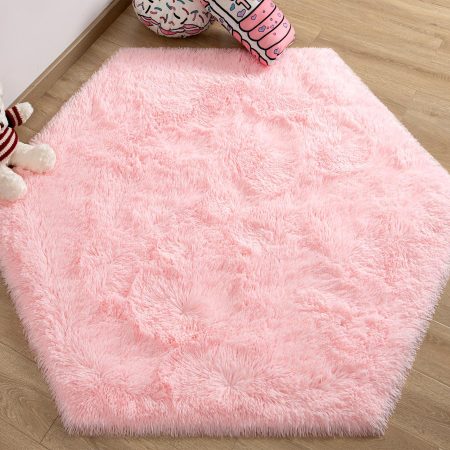 Pink Hexagon Rug for Princess Tent, Fluffy Area Rug for Kids Room, 4x4.6 Feet for Girls Tent, Furry Soft Nursery Rug, Fuzzy Plush Carpet for Teen Girls Bedroom