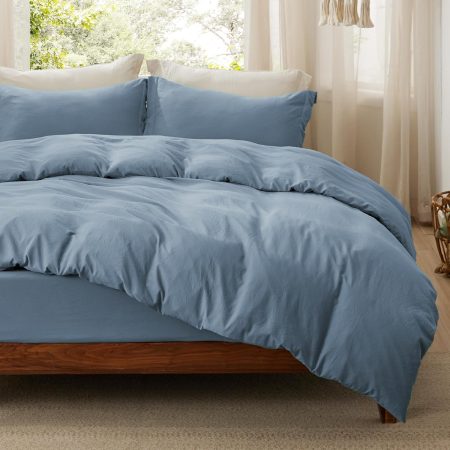 Duvet Cover Queen Size with Fitted Sheet - 4 Pieces Prewashed Cotton-Like Extra Soft Bedding Set, Includes 1 Duvet Cover 90x90 Inches, 2 Pillow Shams, 1 Fitted Sheet, Mineral Blue
