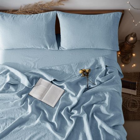 100% Linen Sheet Set King Size,Bed Sheets 4 Piece Sets,Solid Color Natural Flax Bed Sheets Soft Breathable Bedding,16" Deep Pocket,All Season (King, Dusty Blue)