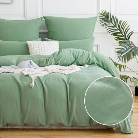 Double Muslin Bed Linen 135 x 200 cm 4-Piece Flat Linen-Like Look Bedding Sets with 2 Pillowcases 80 x 80 cm, Oeko-Tex Duvet Cover Light Green with Zip