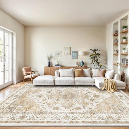 8x10 Area Rugs, Low-Profile Large Washable Area Rug with Non-Slip Backing & Durable Edge Binding, Vintage Rugs for Living Room, Bedroom, Dinning Room