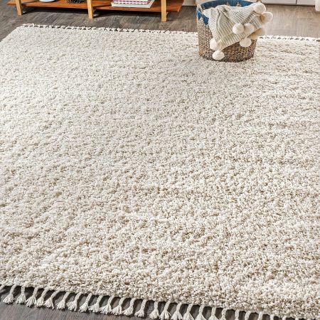 Shag Plush Tassel Indoor Area-Rug Bohemian Modern Contemporary Solid Easy-Cleaning Bedroom Kitchen Living Room, 8 X 10, Cream with Tassel